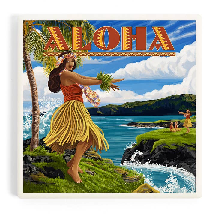 Aloha - Hawaii Hula Girl on Coast Ceramic Coasters for wholesale by Lantern Press