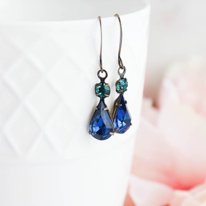 A Pocket of Posies - Wholesale Dangle Earrings - Vintage Glass Teardrop Earrings - Midnight Blue