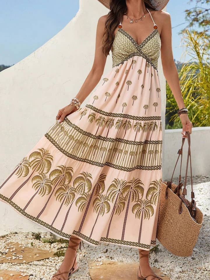 CWDHL0715_ROBE LONGUE DE PLAGE À IMPRIMÉ BOHÈME ET COL HALTER pour la vente par NINEXIS