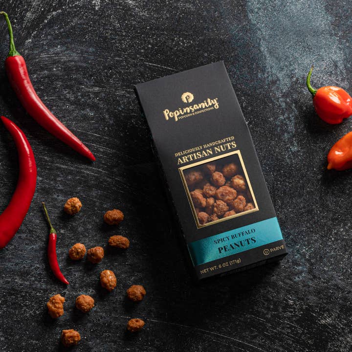 Spicy Buffalo Peanuts | Gourmet Candied Nuts Gift | 6oz Box for wholesale by Popinsanity Popcorn & Confections