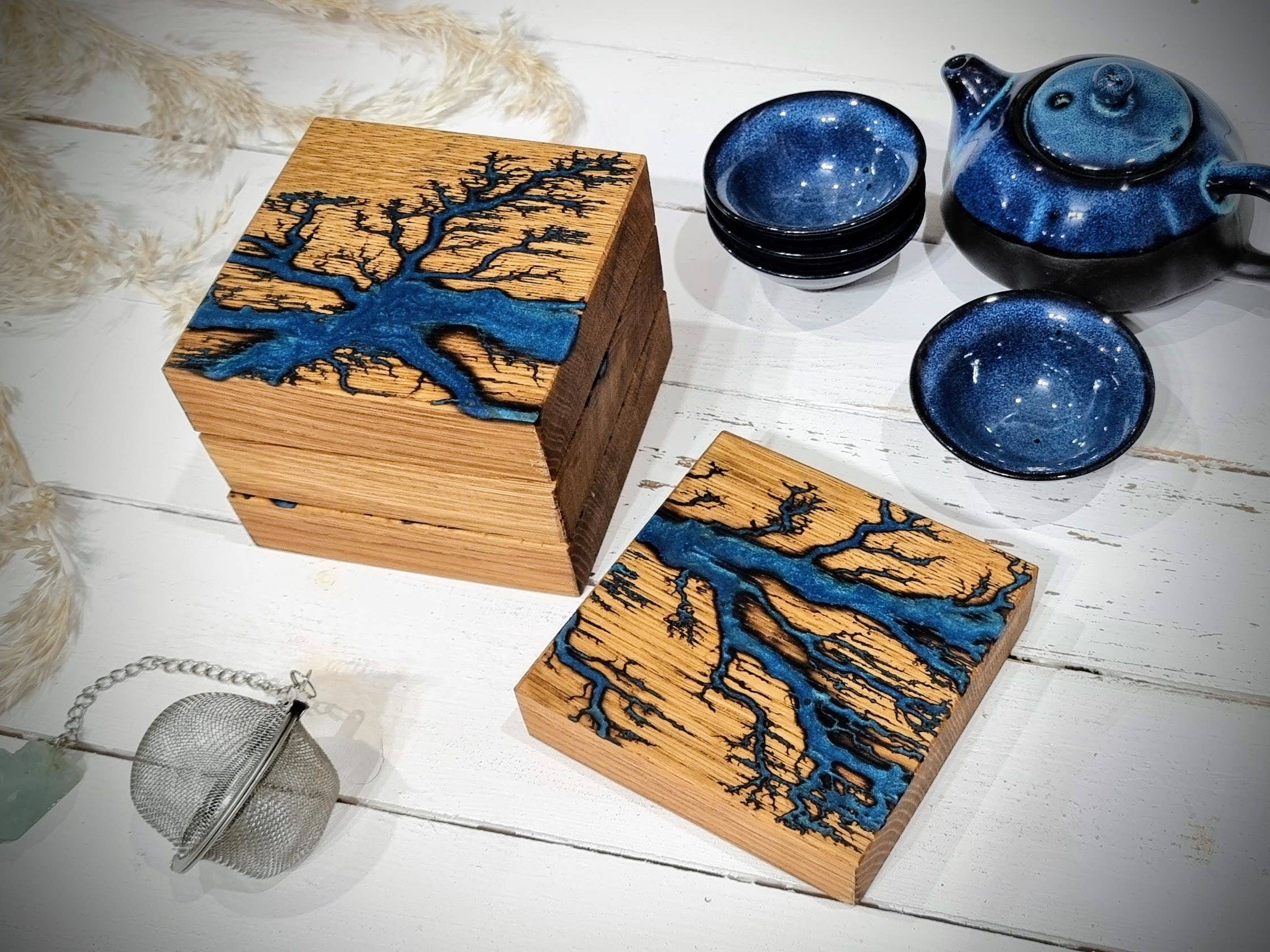 Wildflower Designs - Wholesale Coasters - Handmade Lichtenberg Figure Oak Epoxy Resin Coasters5