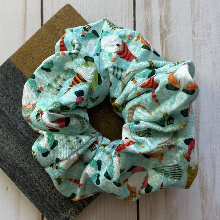 Blue with Christmas Gnomes Handmade Scrunchie for wholesale by QuietJoy