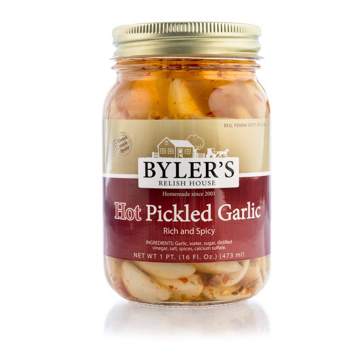 Byler's Hot Pickled Garlic, 16 oz for wholesale by Byler Canning Co.