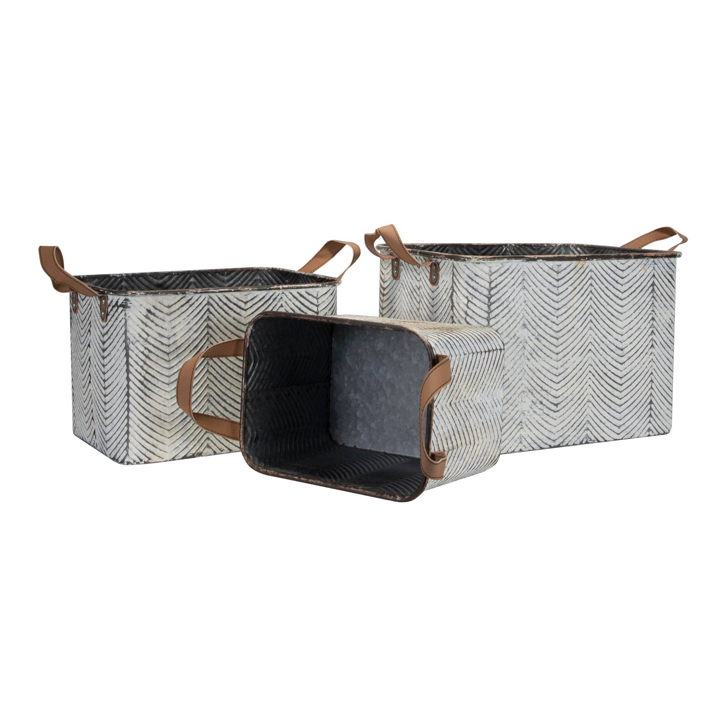 Foreside Home & Garden - Wholesale Basket - SALE - Braxton Rustic Set 3 Whitewash Gray Bins Faux Leather7