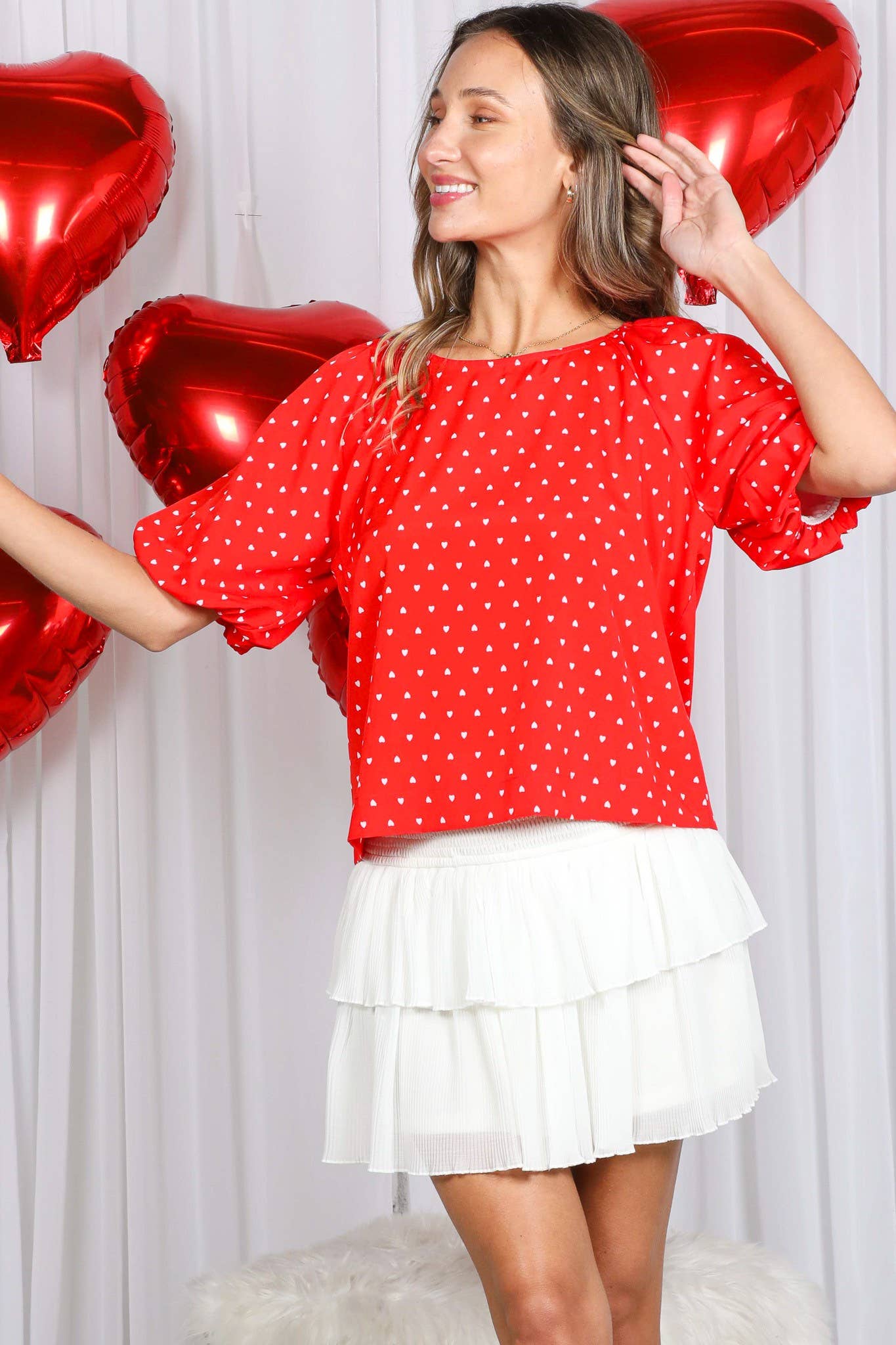 Rood Boothals Pofmouw Hartjesprint Blouse Top VT82337H voor groothandel op Faire4