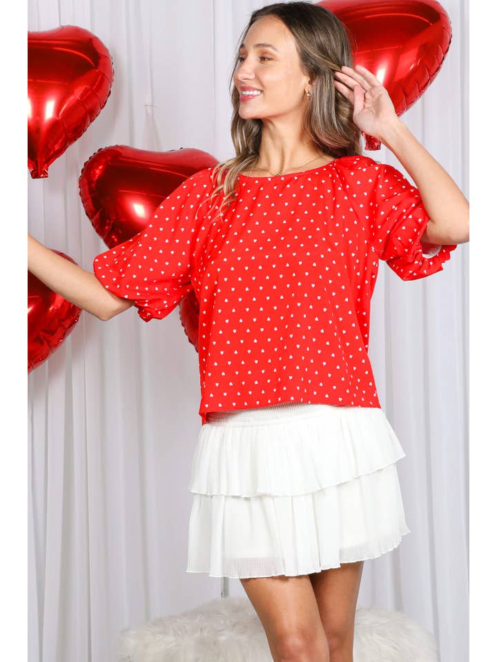 Rood Boothals Pofmouw Hartjesprint Blouse Top VT82337H voor groothandel op Faire4