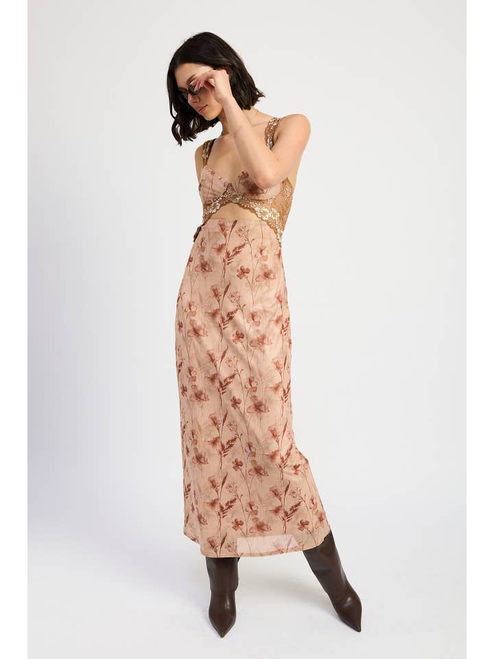 BROWN FLORAL LACE CONTRAST MAXI DRESS for wholesale on Faire