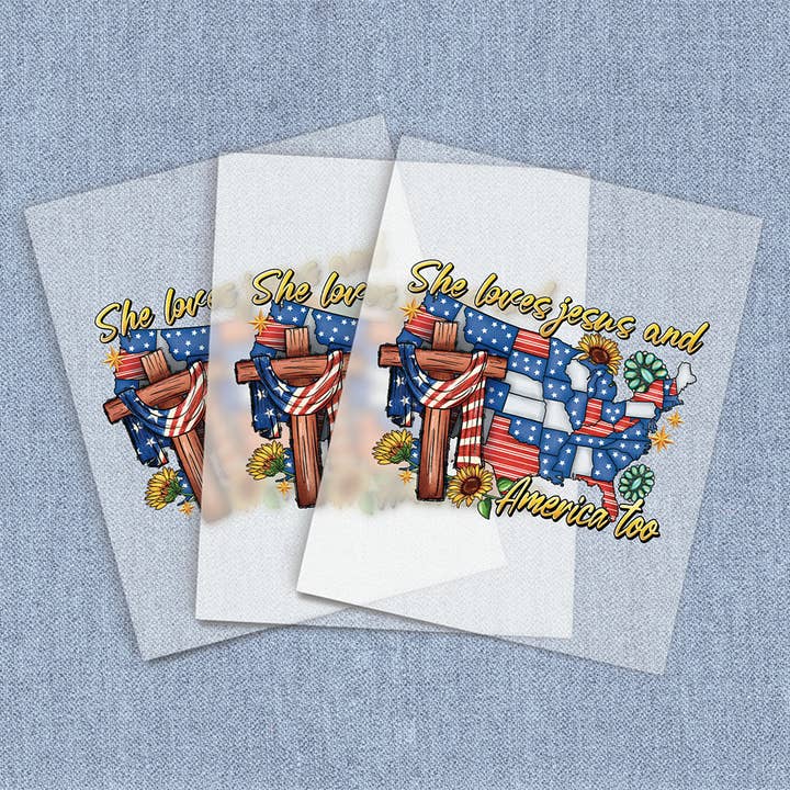 Ela Ama Jesus e a América Também, Transferências de Calor DTF por atacado de Iron It