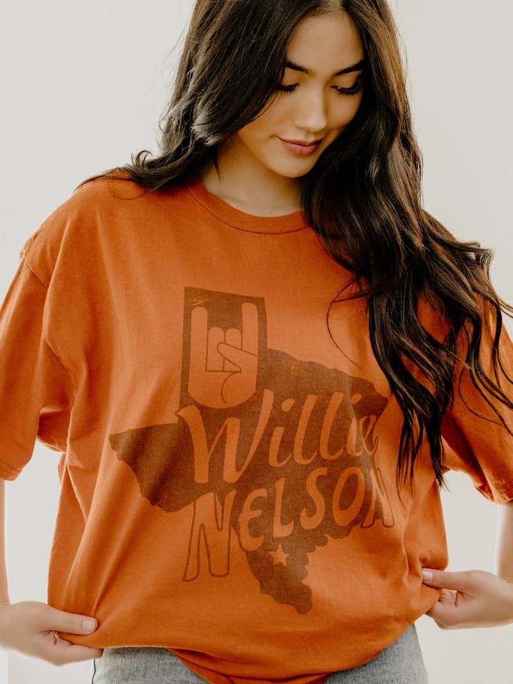 T-shirt à manches courtes orange avec logo Willie Nelson UT Hook Em Horns pour la vente par LivyLu