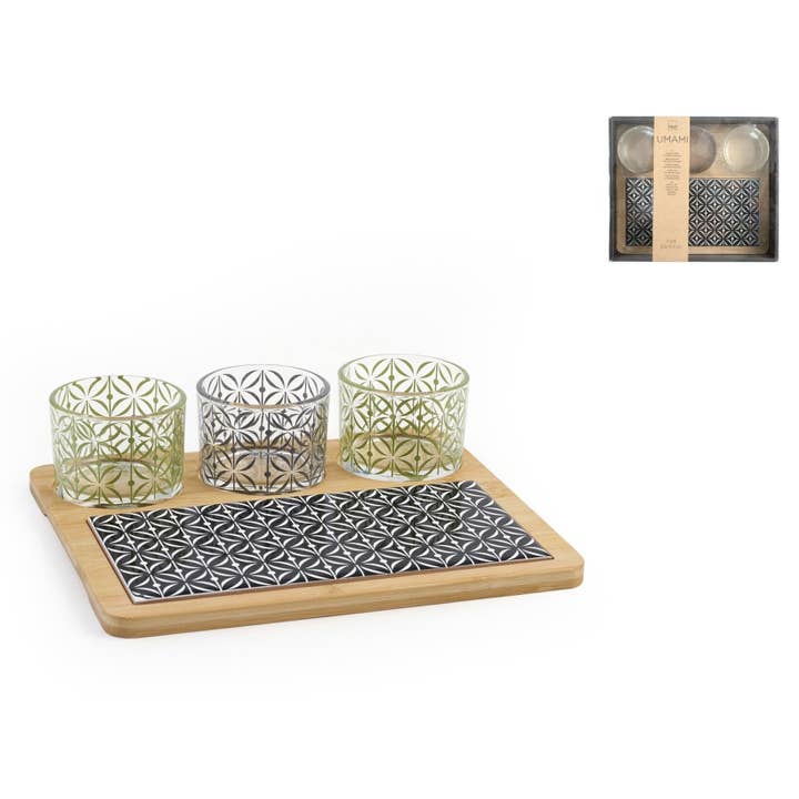 Bamboe Snijplank Met Aardewerk En Glazen Kommetjes voor wholesale door H&H