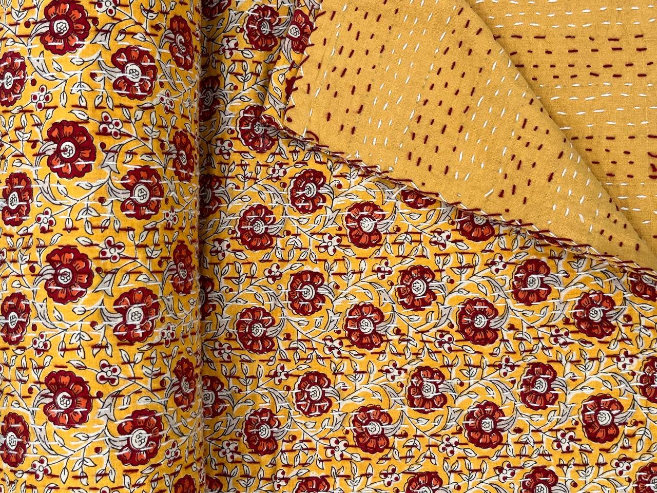 bhavnas boutique - Wholesale Quilt - Yellow Floral Print Kantha Quilt Queen Size Bedspreads Throw4
