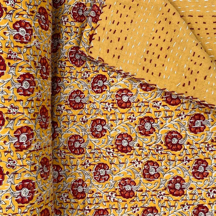 bhavnas boutique - Wholesale Quilt - Yellow Floral Print Kantha Quilt Queen Size Bedspreads Throw4