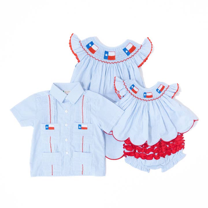 Boots & Bows Smocking Co - Wholesale Button Down Shirt - Kids - Boys Texas Flag Guayabera Shirt