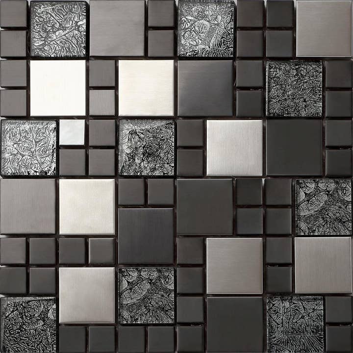 Bathroom and Kitchen tiles Black & Silver Metallic Random Mix Glass Mosaic Tile Sheet (MT0002) for wholesale by TJM DIRECT