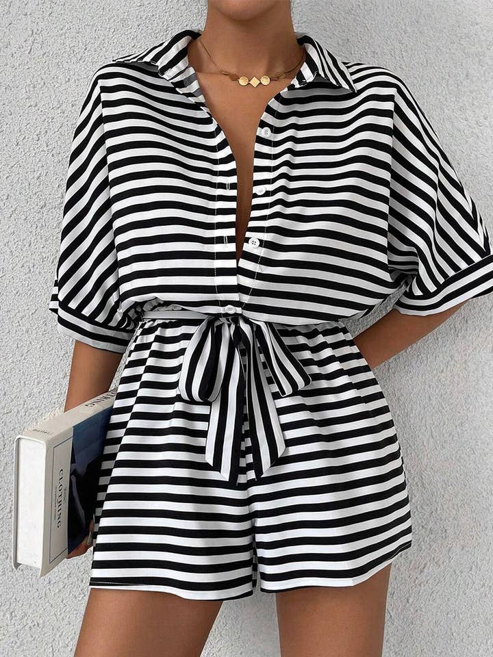 Lily Clothing - Wholesale Romper - Women's - Women’s striped buttoned cardigan romper