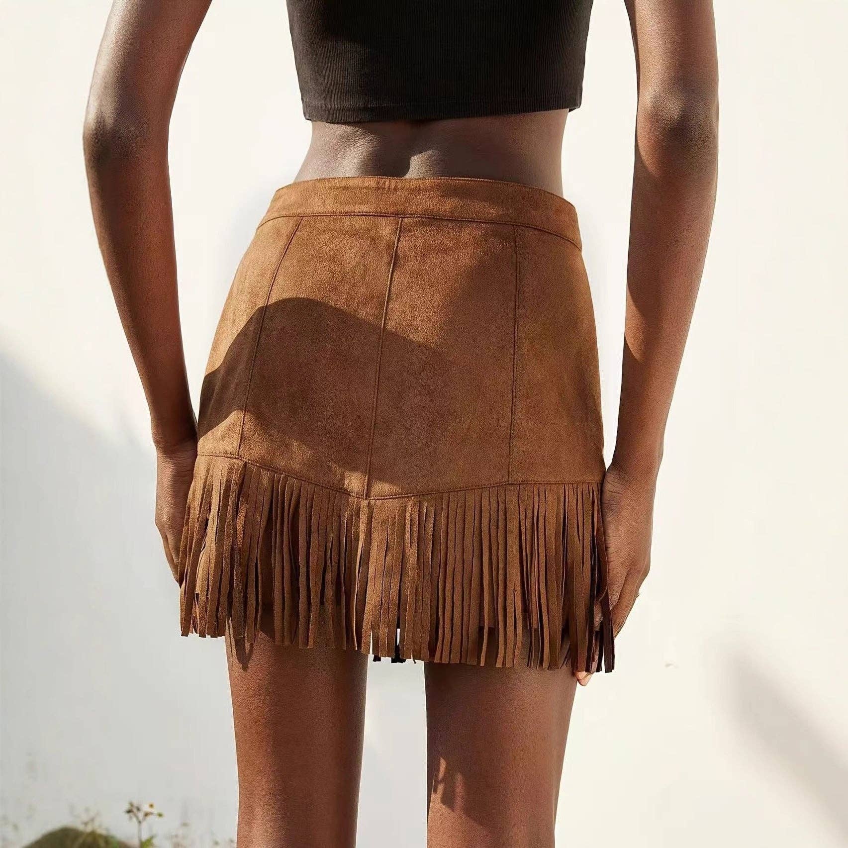 Brown Women Western Fringe Suede  Retro Style Mini Skirt for wholesale on Faire5