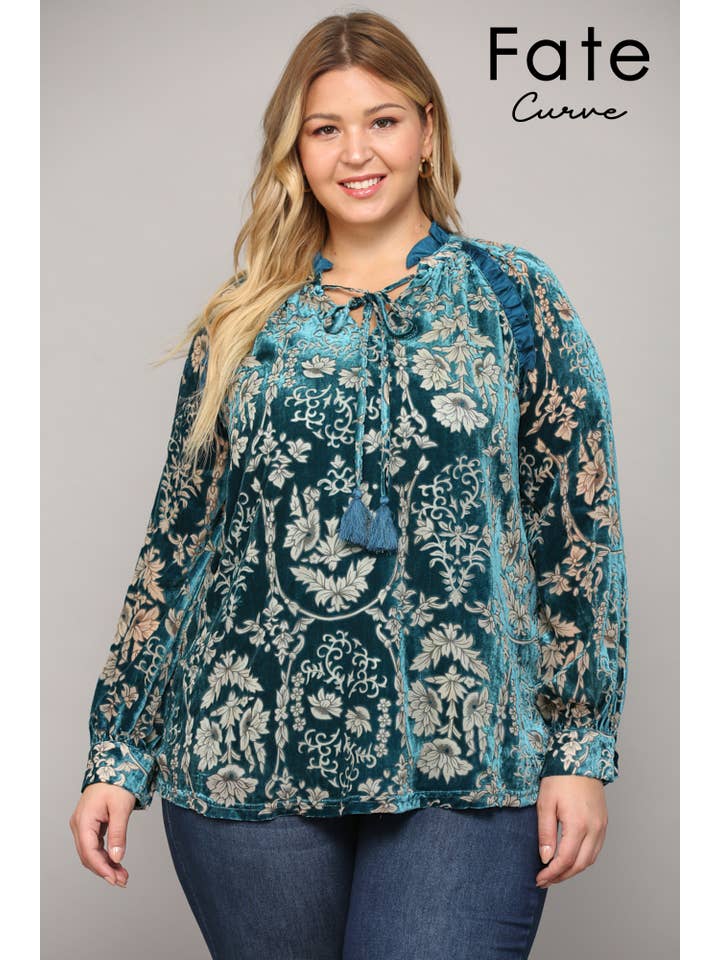 TEAL RUFFLE TRIMMED BURNOUT VELVET TASSEL TIE BLOUSE FT22044P for wholesale on Faire