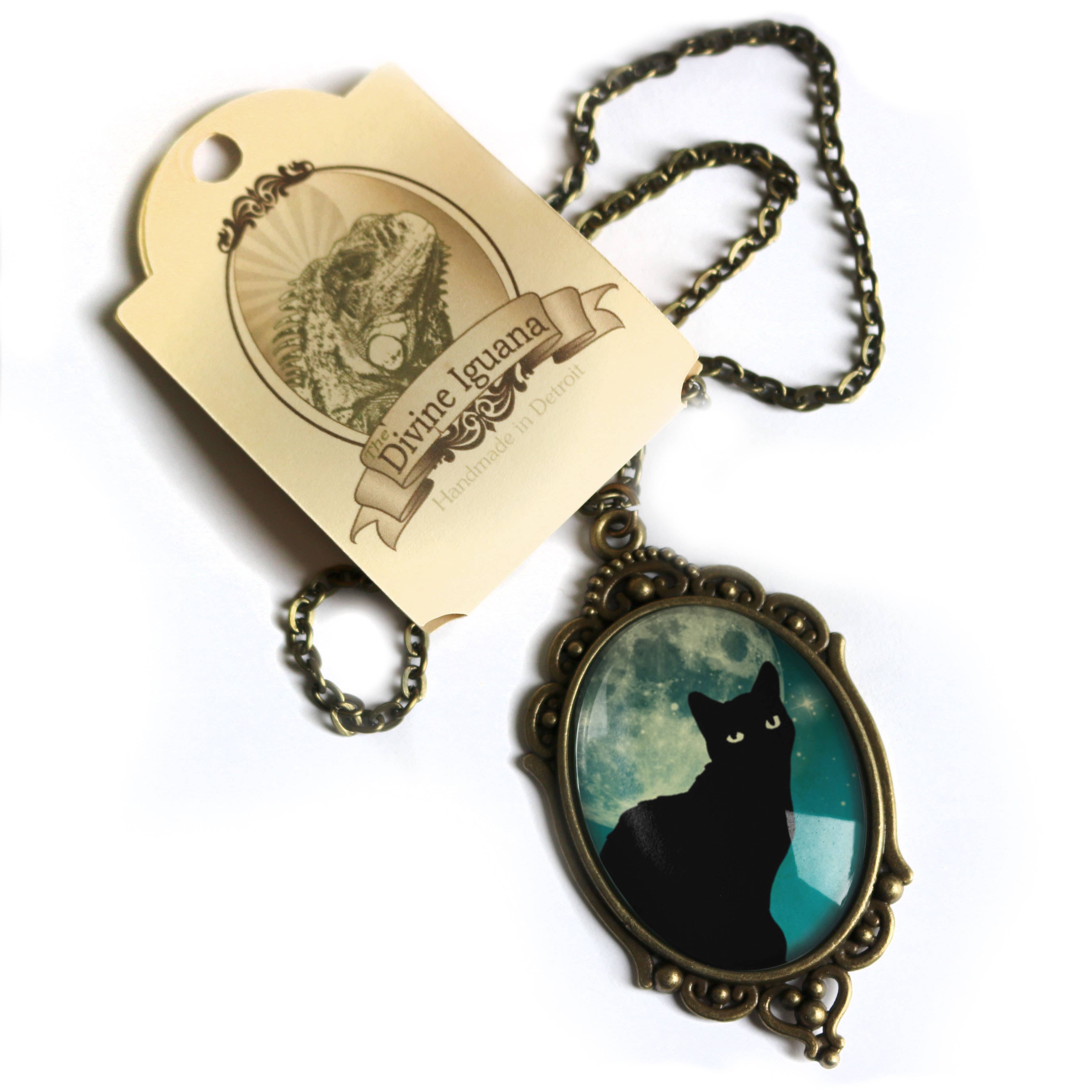 The Divine Iguana - Wholesale Pendant/charm necklace - Teal Cat on Full Moon Ornate Oval Halloween Pendant Necklace4