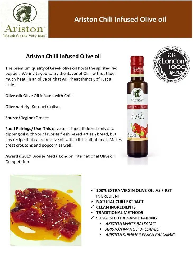 Ariston Specialties - Wholesale Olive Oil - Refill EMPTY Bottles Chili Infused Olive Oil 8.45oz6