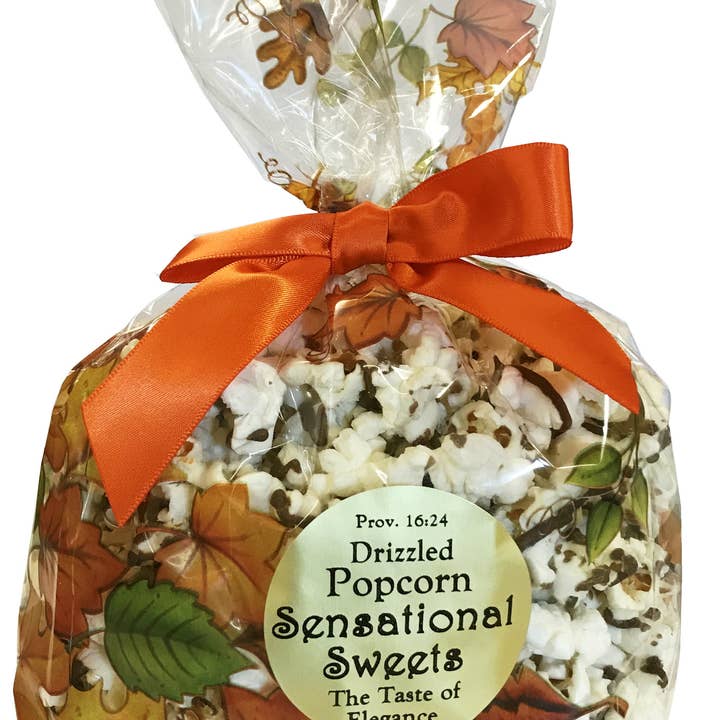 Gourmet Chocolate Drizzled Popcorn - 3 oz Fall Bag w/Bow for wholesale by Sensational Sweets