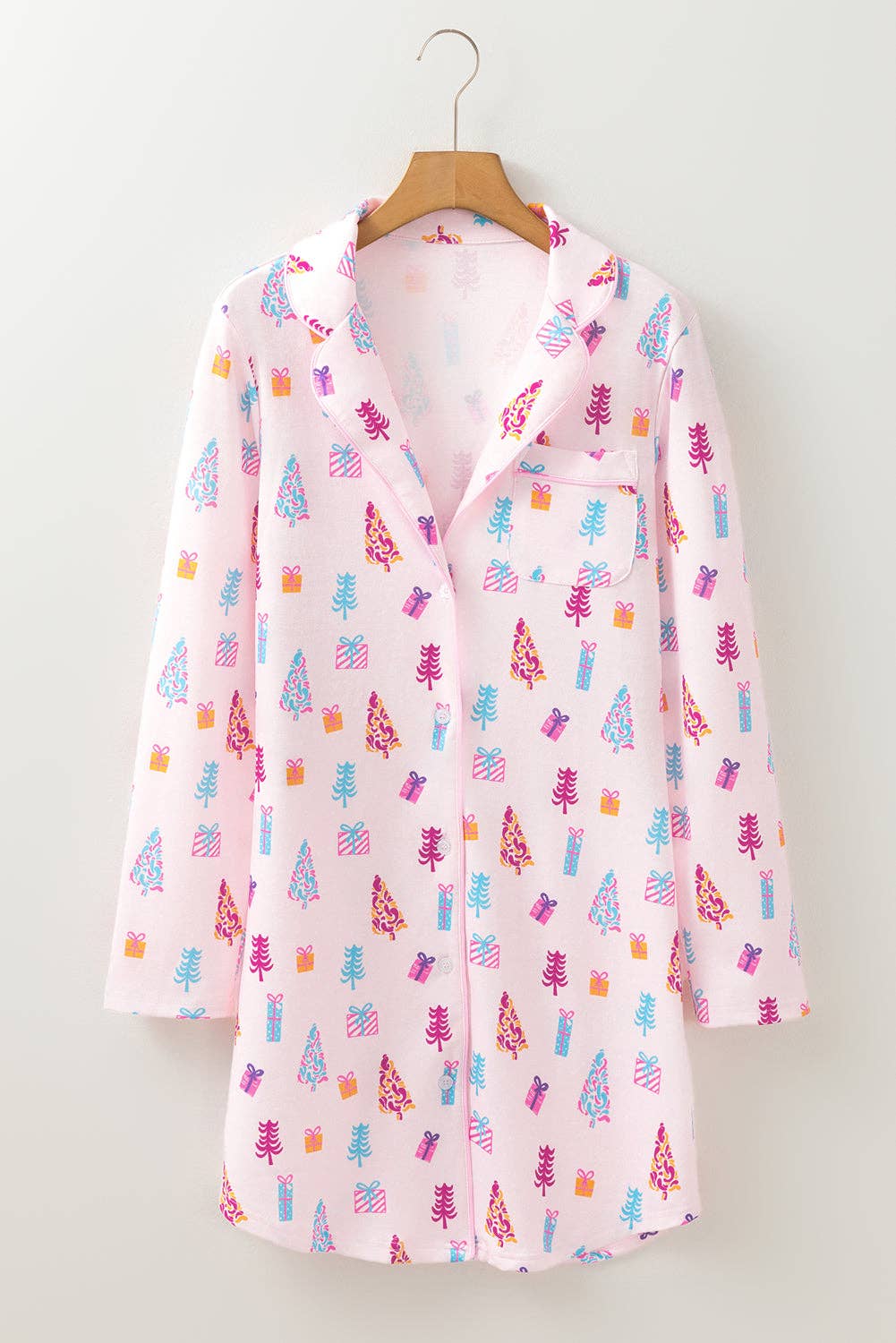 Pink FB Christmas Tree Buttoned Shirt Sleep Dress for wholesale on Faire