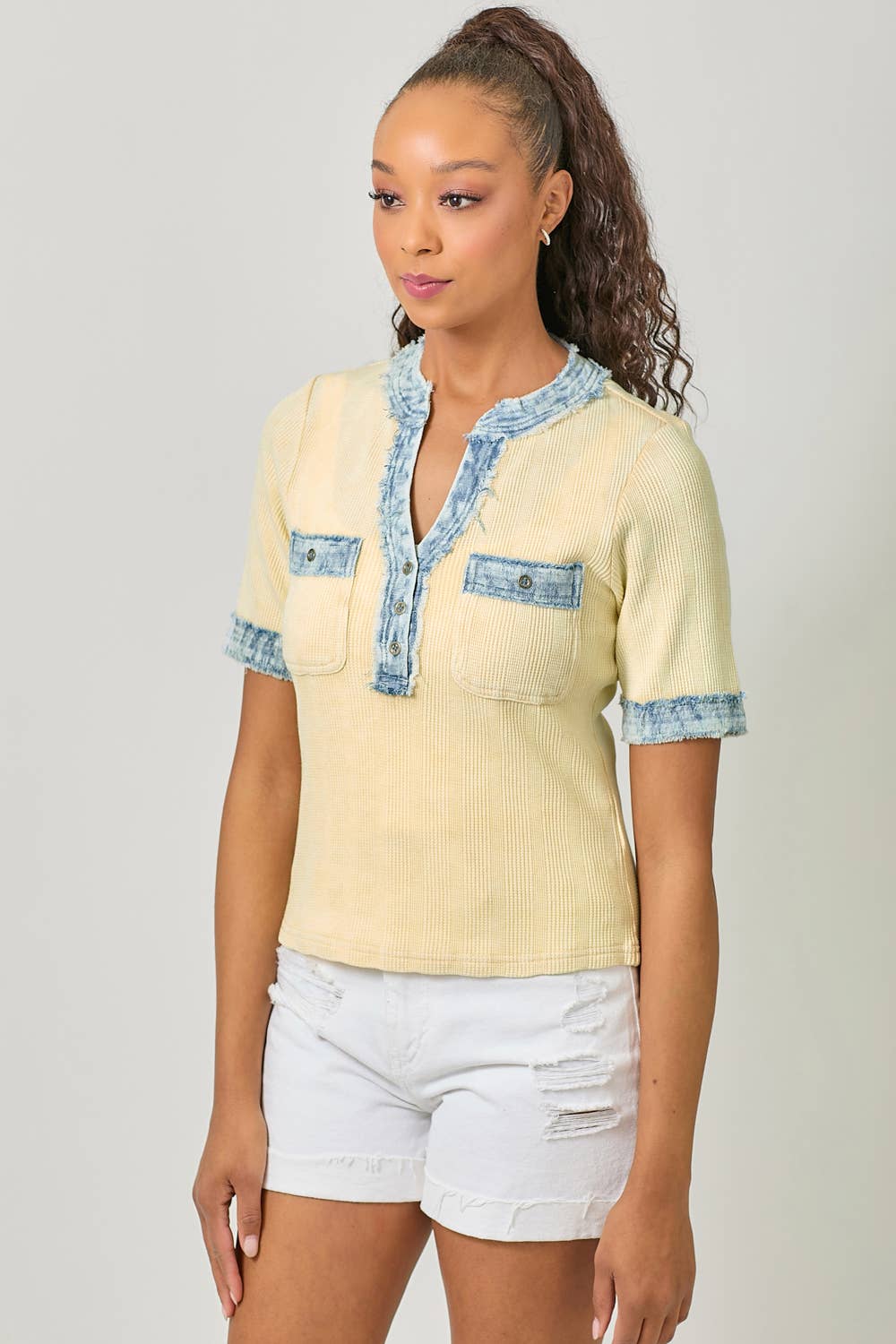 Mystree - Wholesale Blouse - Women's - 60981 Frayed Denim Trim Top 16