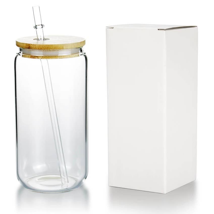 Pack of 25 - WHOLESALE 16oz Glass Tumbler w/ Straw & Bamboo Lid – Meraki  Design Studio