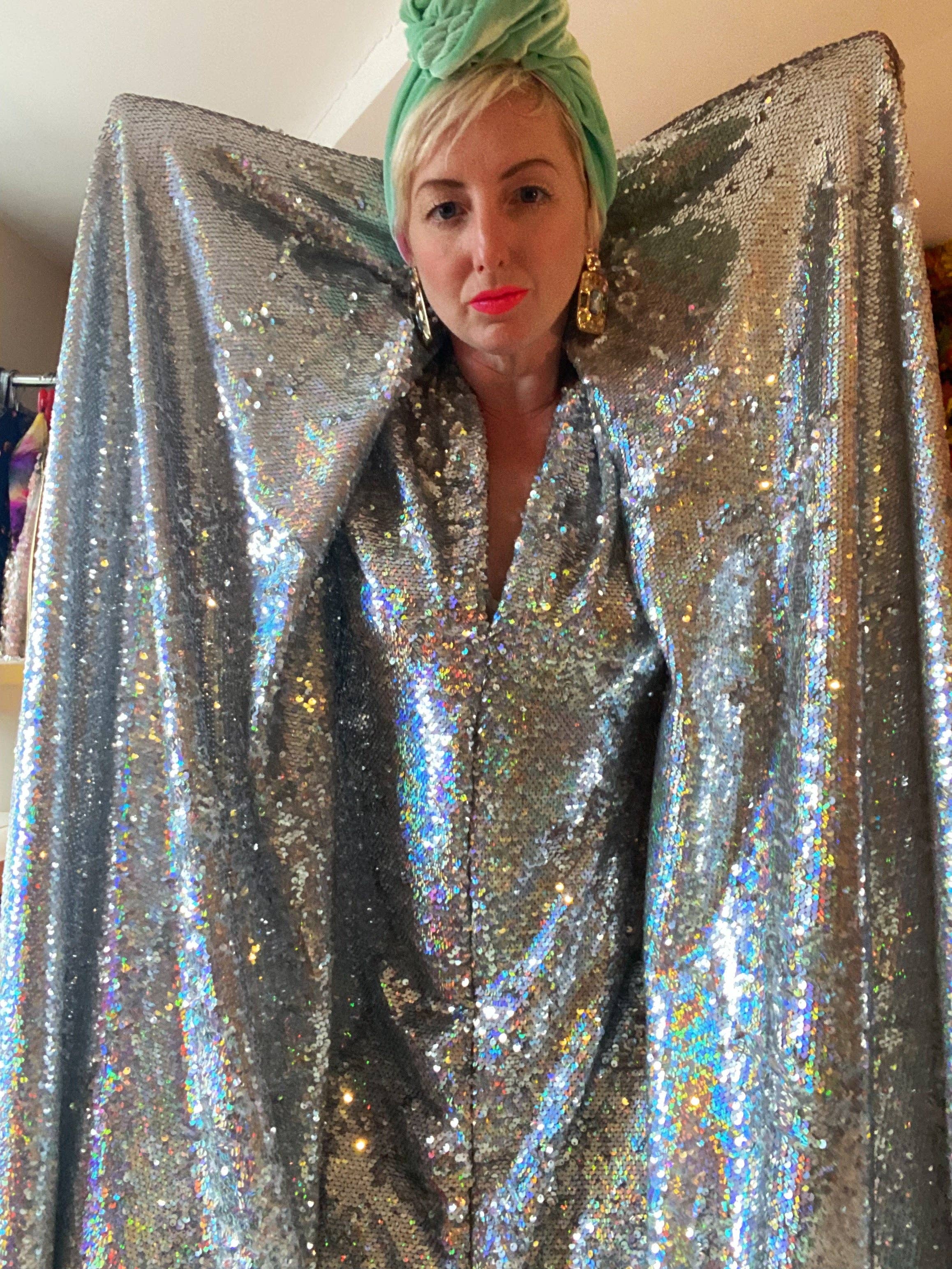 Fumbalinas – wholesale Kaftan – Women's – Silver Metallic Holographic/  Sequin Kaftan Gown / Dress27