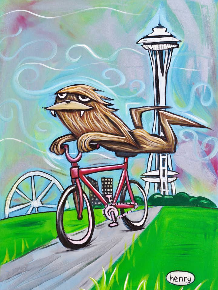 Sasquatch Riding Bike in Seattle Canvas Print for wholesale by It's a Henry