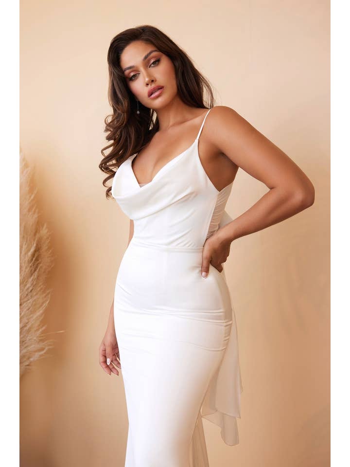 Off White Tie-Back Sash Charmeuse Mermaid Gown for wholesale on Faire1