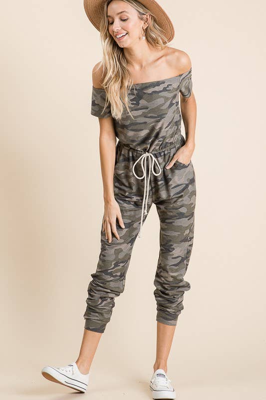LMR5102-J-Harper's Camo Off the Shoulder Jumpsuit for wholesale on Faire1