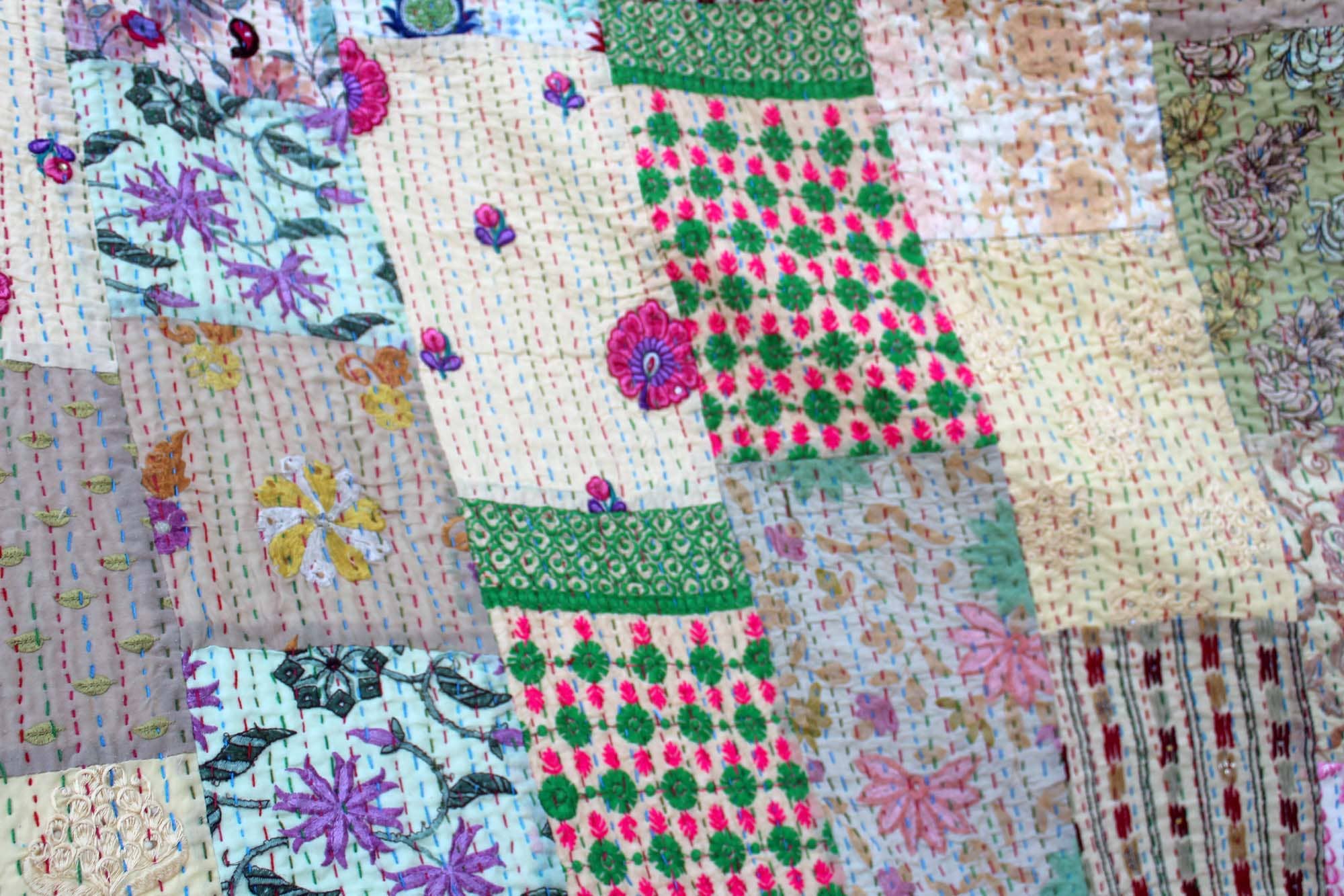 Beige  Cotton Embroidered Sari Patchwork Kantha Bedspread  for wholesale on Faire3