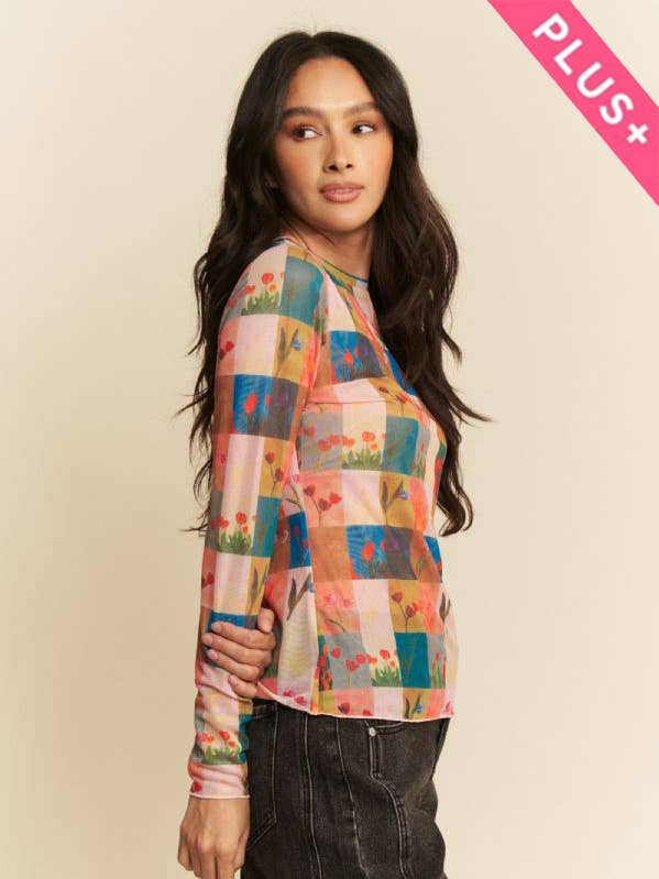 PLUS MULTI CHECKER FLORALES BEDRUCKTES MESH-OBERTEIL für den Großhandel von Davi & Dani