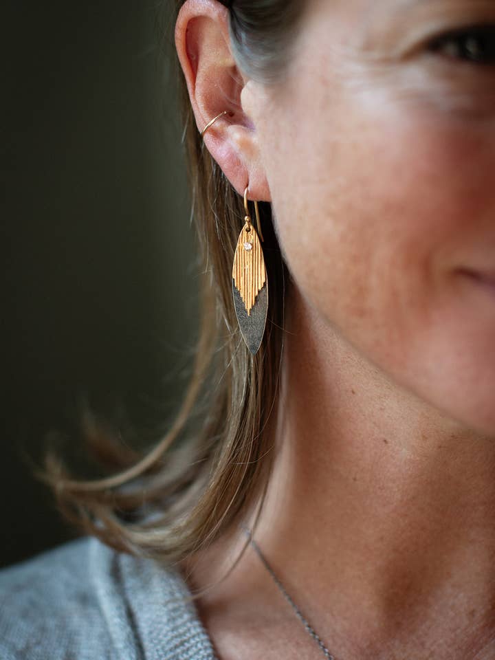 Ribbed Leaves Earrings with White Topaz for wholesale by Austin Titus Studio