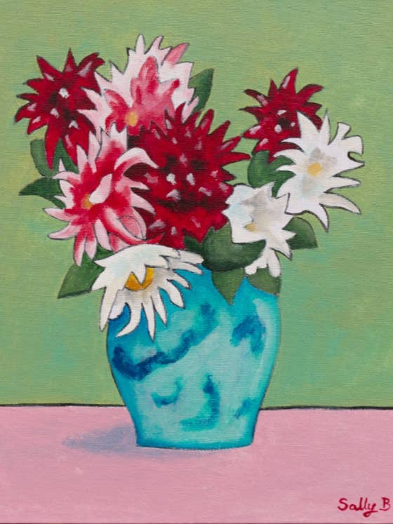 Dahlia blommor konsttryck blommor bukett i en blå vas för wholesale av Sally B