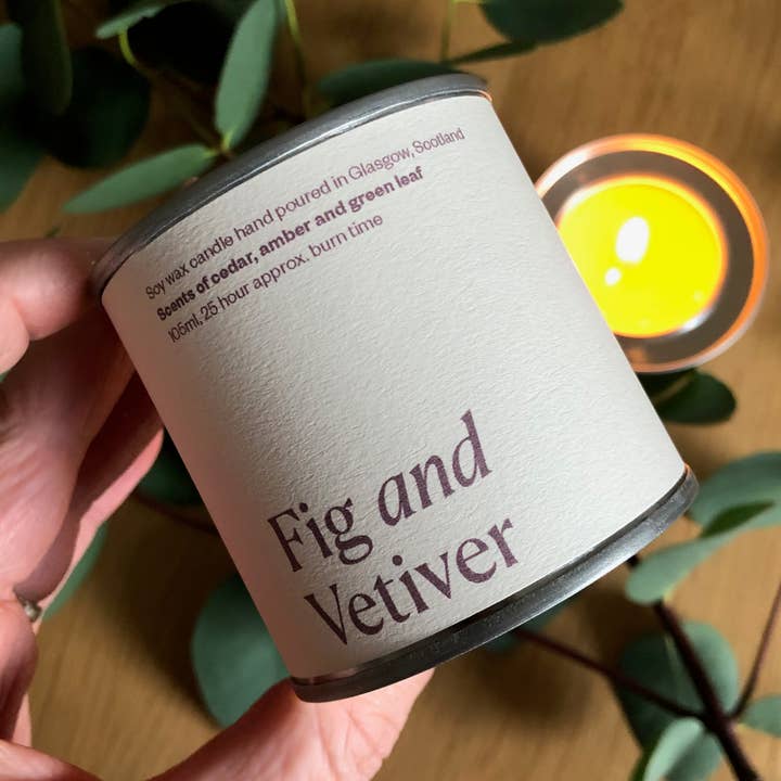 Fig and Vetiver Soy Wax Candle Tin for wholesale by Lovat Press