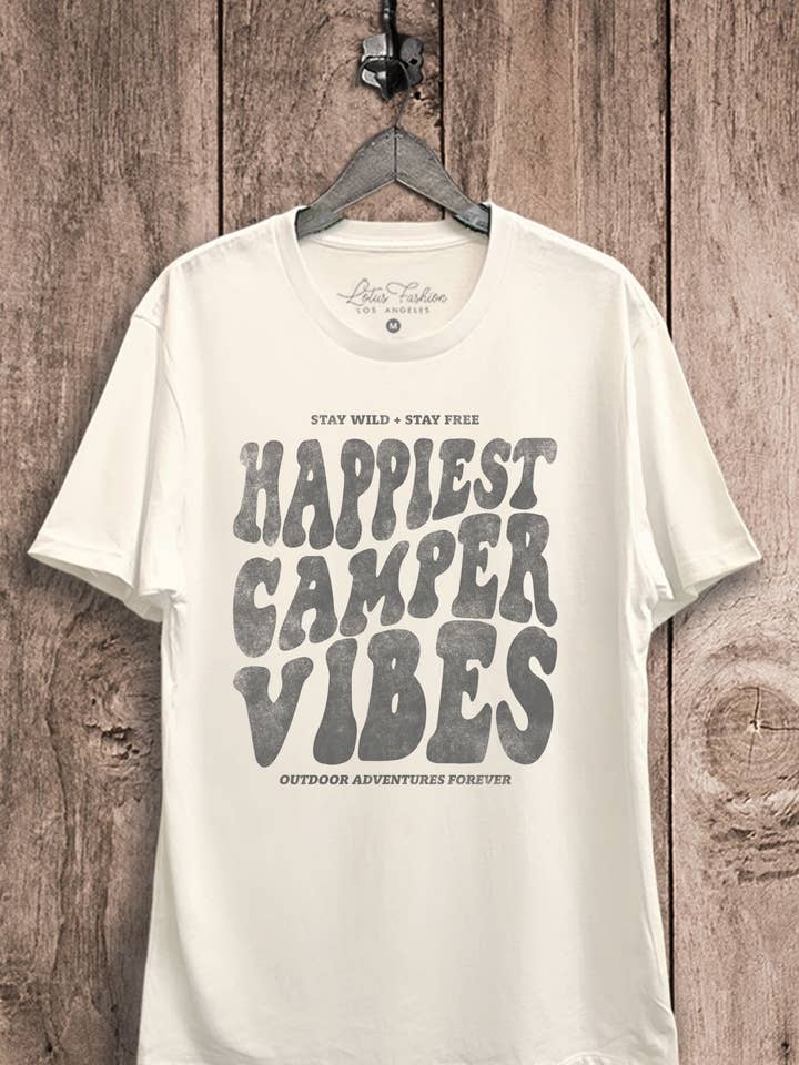 Happiest Camper Vibes Graphic Top for wholesale by Lotus Fashion Collection