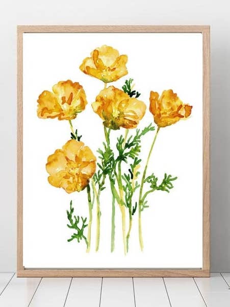 California Poppy Flower Schilderij Geel Abstracte Aquarel voor wholesale door Goodfairyart