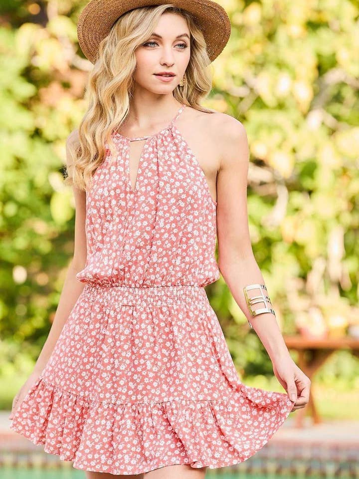 Front Keyhole Back Button Floral Print Romper for wholesale by Main Strip