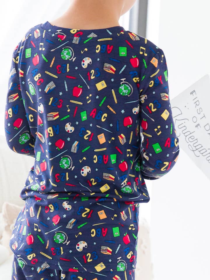 Navy Boys Back To School Bamboo Viscose Long Sleeve Pajama Set for wholesale on Faire