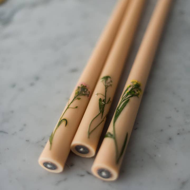 Galley and Fen - Wholesale Tapered Candle/Candlestick - Floral Inlaid Tapered Candles - Set of 3