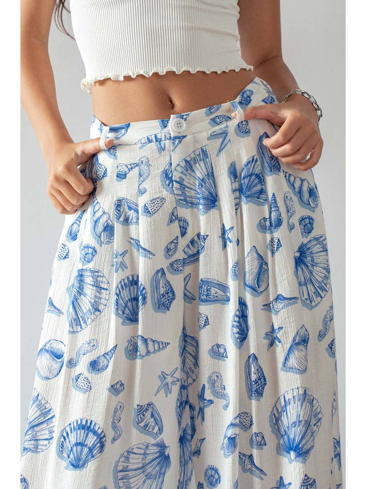 WHITE BLUE Seashell Print High-Waisted Wide-Leg Pants for wholesale on Faire