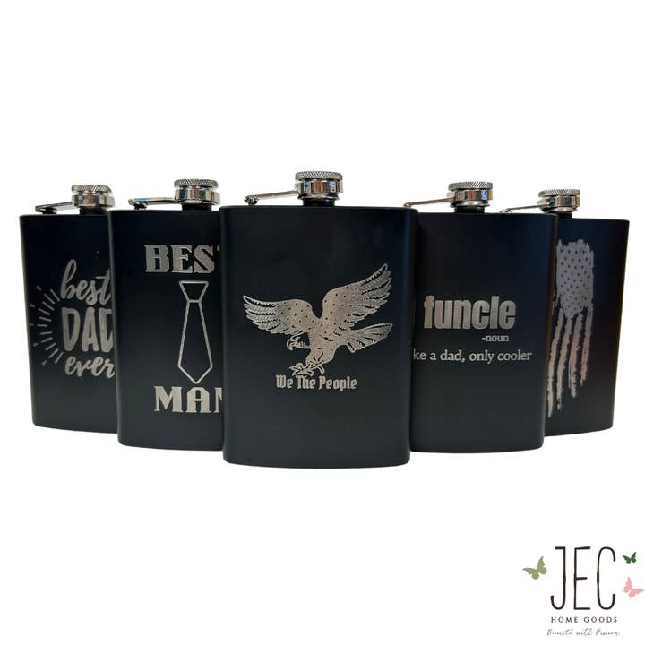 Laser Engraved 8 Oz Flask for wholesale by JEC Home Goods Inc