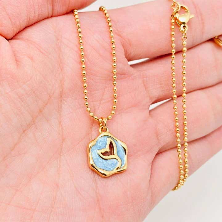 Mermaid Tail Blue Enamel 18K Gold Plated Charm Necklace -FGS for wholesale by Mio Queena