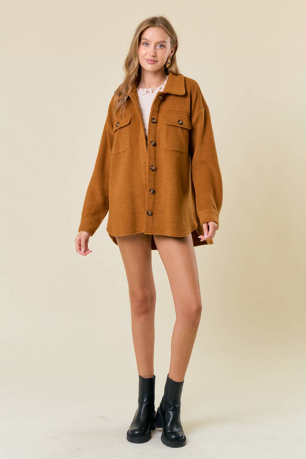 Doe and Rae - Wholesale Shirt Jacket/Shacket - Women's - Fleece Knit Button-Down Shacket W/ Patch Pocket - 10606J9