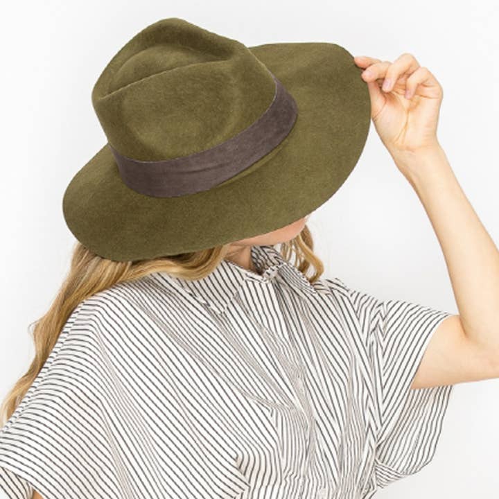 Queens INC - Wholesale Fedora - Women's - Wide-brim Wool Rancher Hat With Velvet -Olive8