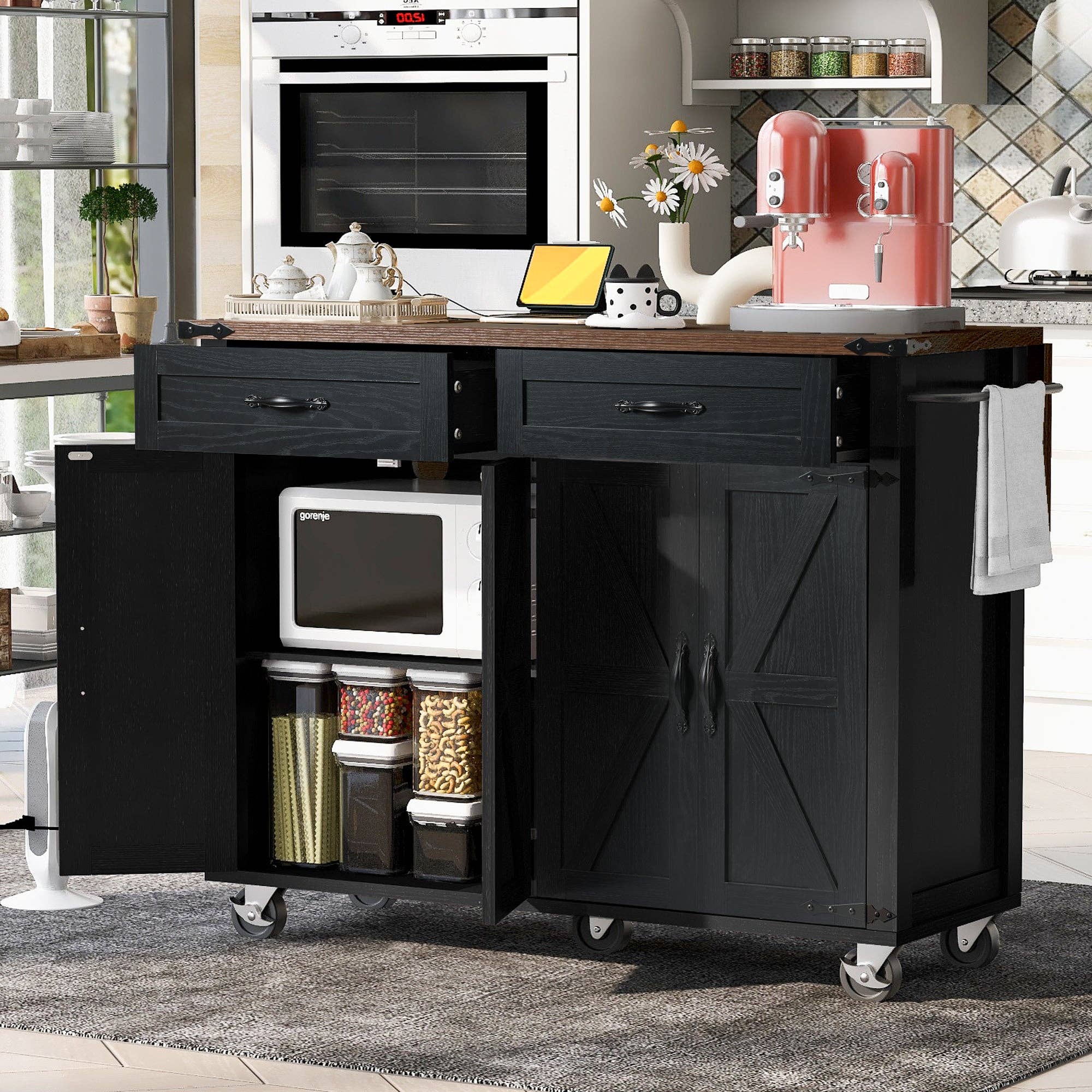 Orange County Decor - Wholesale Kitchen Storage/Organizer - K&K 53.5''Farmhouse Kitchen Island With Power Outlet, Kitchen Storage Island With Drop Leaf, Spice Rack And Drawer, Rolling Kitchen Cart On Wheels, For Home, Kitchen And Dining Room, Black Black11