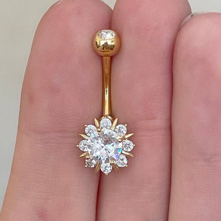 Gold Flower Belly Button Piercing (14G | 9.5mm | Surgical Steel | Silver, Rose Gold, or Gold) for wholesale by Elara Body Jewelry