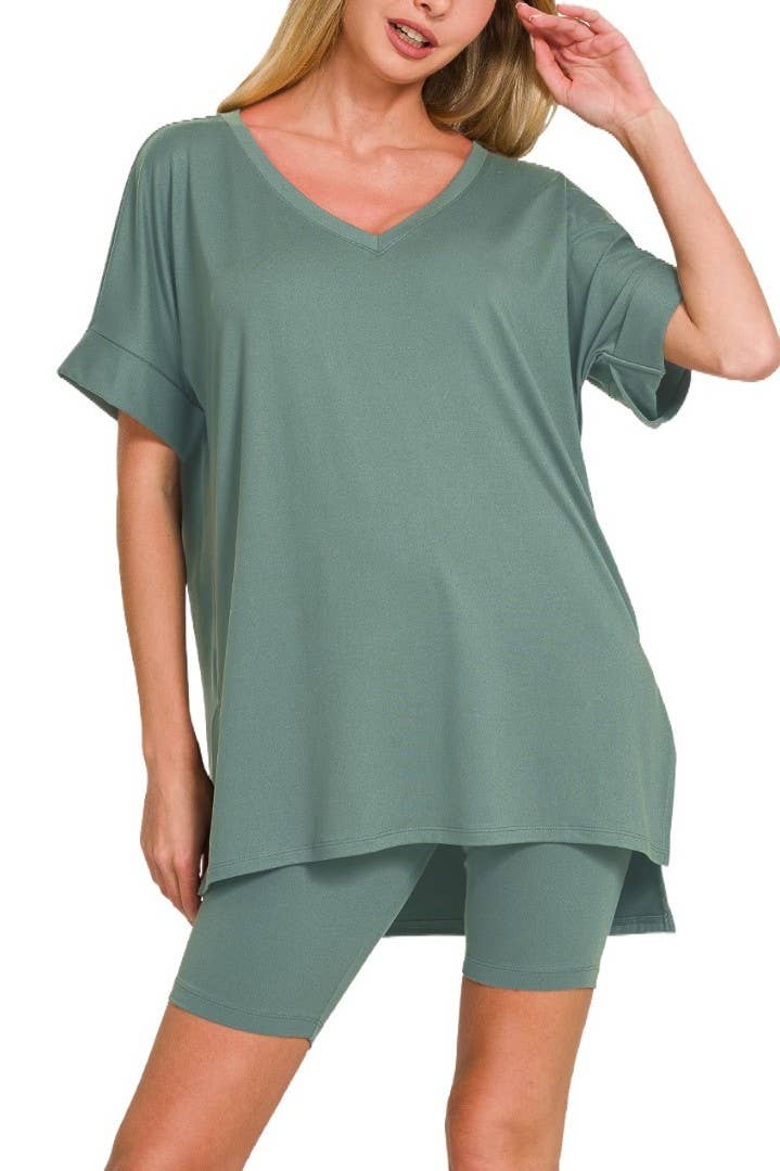 Vanilla Monkey – Conjunto de top e calções (roupa NÃO Casual) – Mulher por atacado – Top de decote em V e calções de ciclista em microfibra Dty escovada33