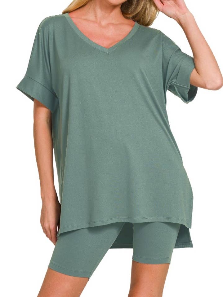 Brushed Dty Microfiber V-neck Top And Biker Shorts for wholesale by Vanilla Monkey